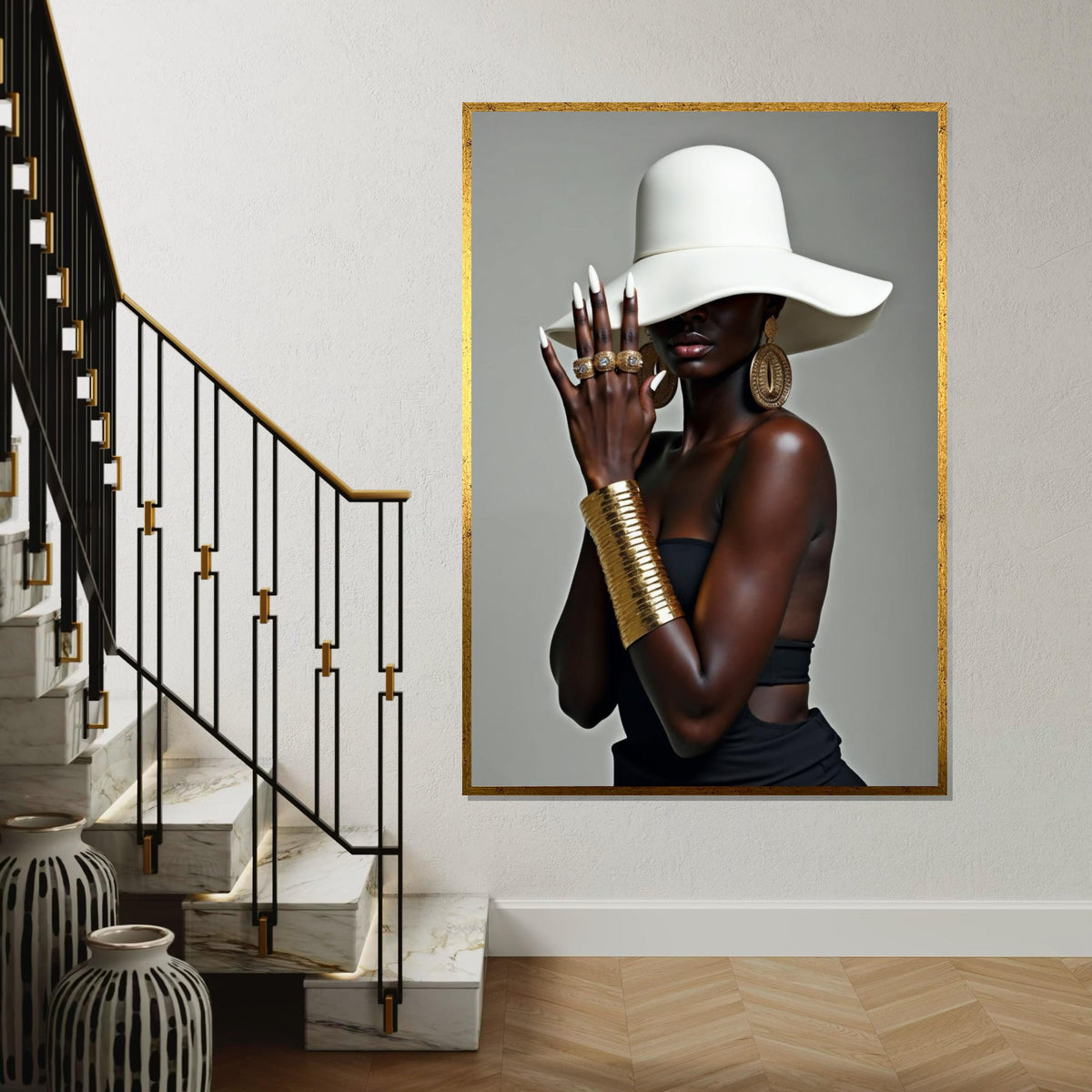 Mysterious Elegance, Fashion Hat, Gold Jewelry Canvas, Stylish Wall Art, Glamorous Portrait Design, Ready to Hang Decoration