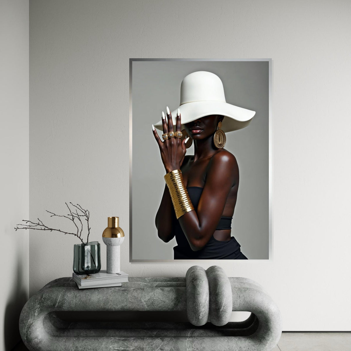 Mysterious Elegance, Fashion Hat, Gold Jewelry Canvas, Stylish Wall Art, Glamorous Portrait Design, Ready to Hang Decoration