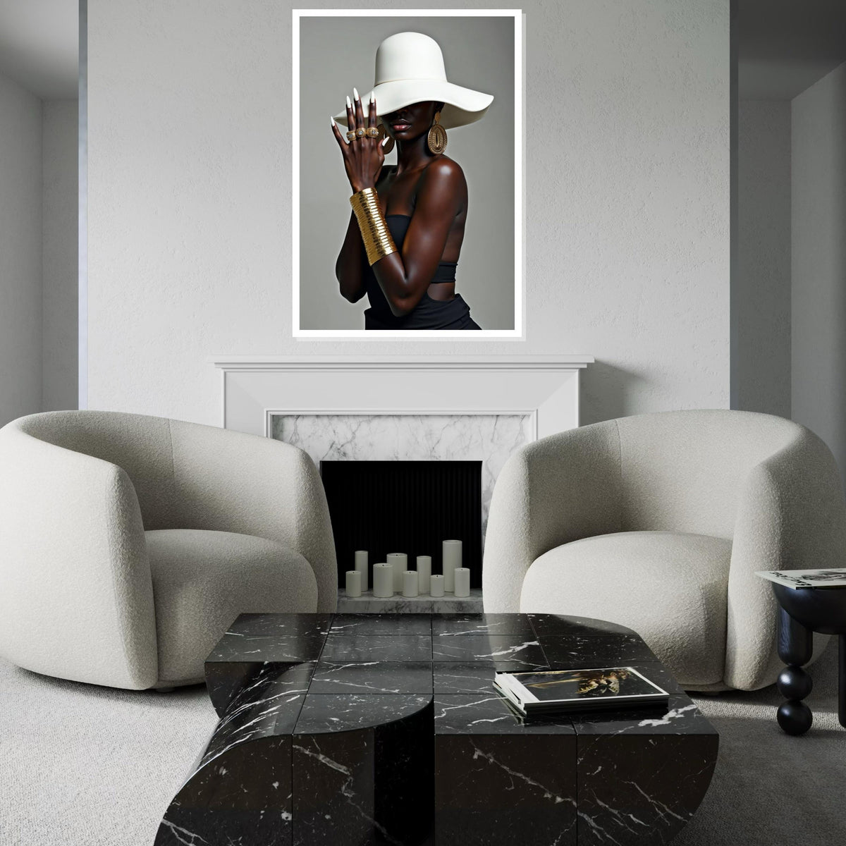Mysterious Elegance, Fashion Hat, Gold Jewelry Canvas, Stylish Wall Art, Glamorous Portrait Design, Ready to Hang Decoration
