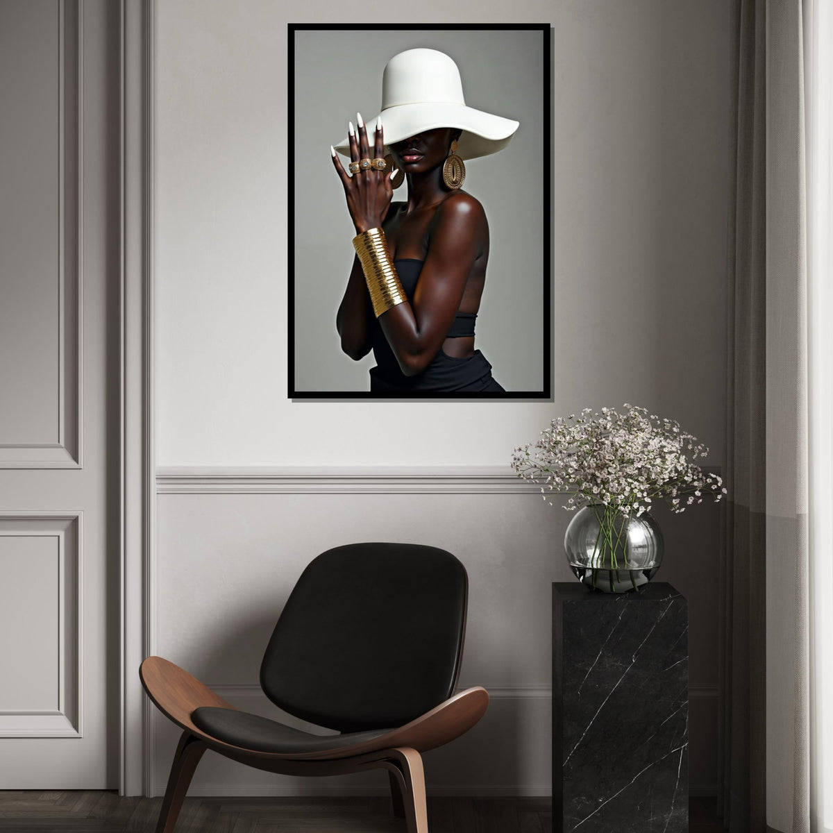 Mysterious Elegance, Fashion Hat, Gold Jewelry Canvas, Stylish Wall Art, Glamorous Portrait Design, Ready to Hang Decoration