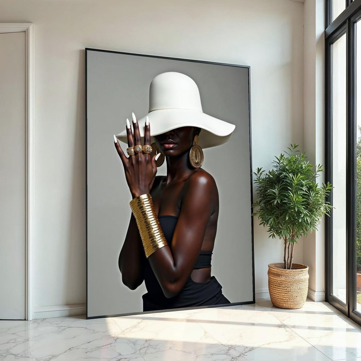 Mysterious Elegance, Fashion Hat, Gold Jewelry Canvas, Stylish Wall Art, Glamorous Portrait Design, Ready to Hang Decoration