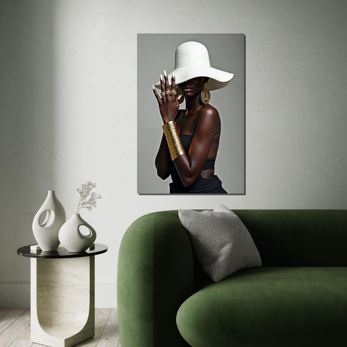 Mysterious Elegance, Fashion Hat, Gold Jewelry Canvas, Stylish Wall Art, Glamorous Portrait Design, Ready to Hang Decoration