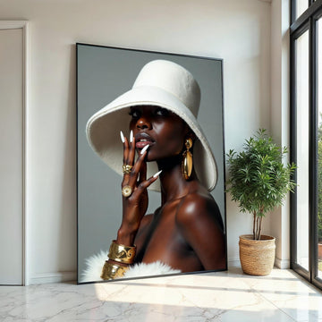 Elegant Fashion Portrait, Gold Accessories, Chic Hat, Glamorous Style Canvas, Wall Art Canvas Design, Ready To Hang Decoration