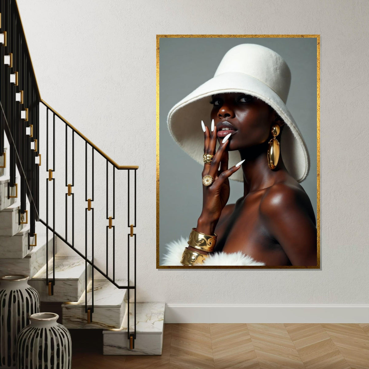 Elegant Fashion Portrait, Gold Accessories, Chic Hat, Glamorous Style Canvas, Wall Art Canvas Design, Ready To Hang Decoration