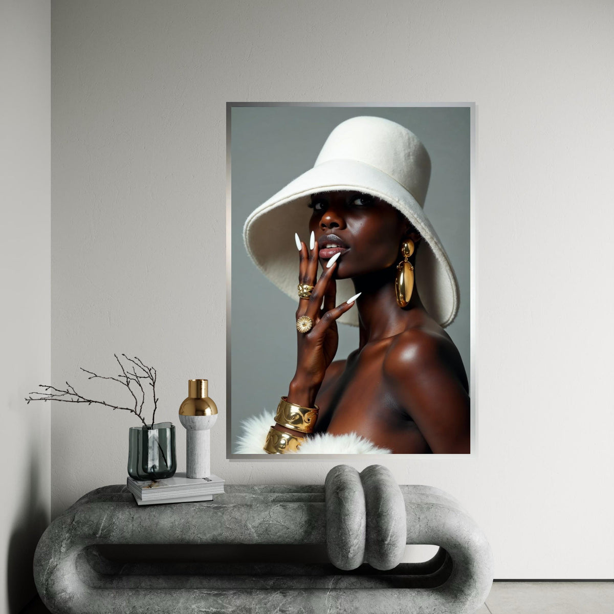 Elegant Fashion Portrait, Gold Accessories, Chic Hat, Glamorous Style Canvas, Wall Art Canvas Design, Ready To Hang Decoration