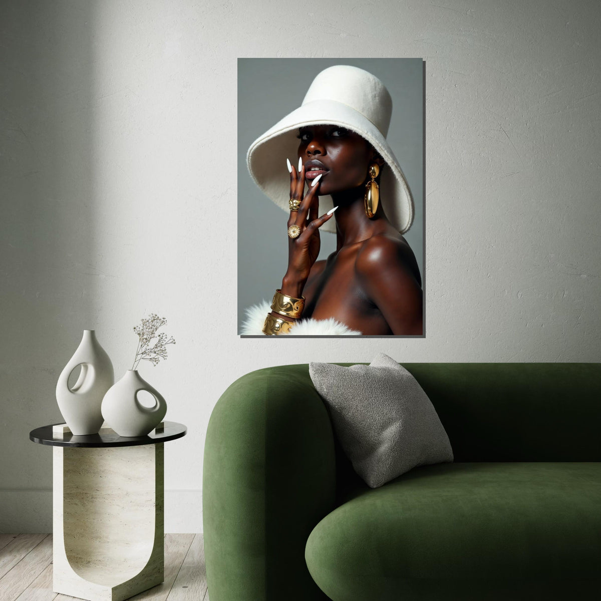 Elegant Fashion Portrait, Gold Accessories, Chic Hat, Glamorous Style Canvas, Wall Art Canvas Design, Ready To Hang Decoration