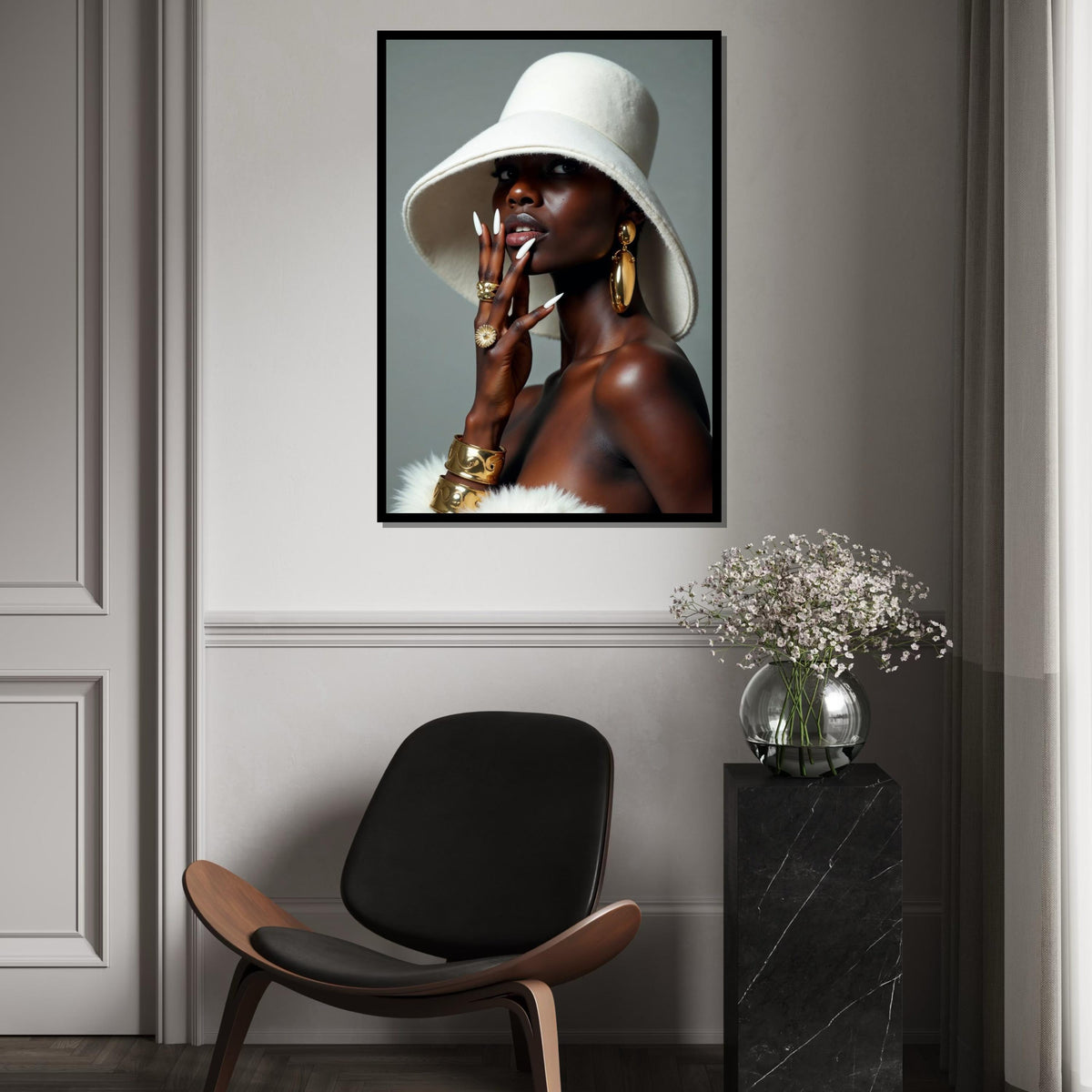 Elegant Fashion Portrait, Gold Accessories, Chic Hat, Glamorous Style Canvas, Wall Art Canvas Design, Ready To Hang Decoration
