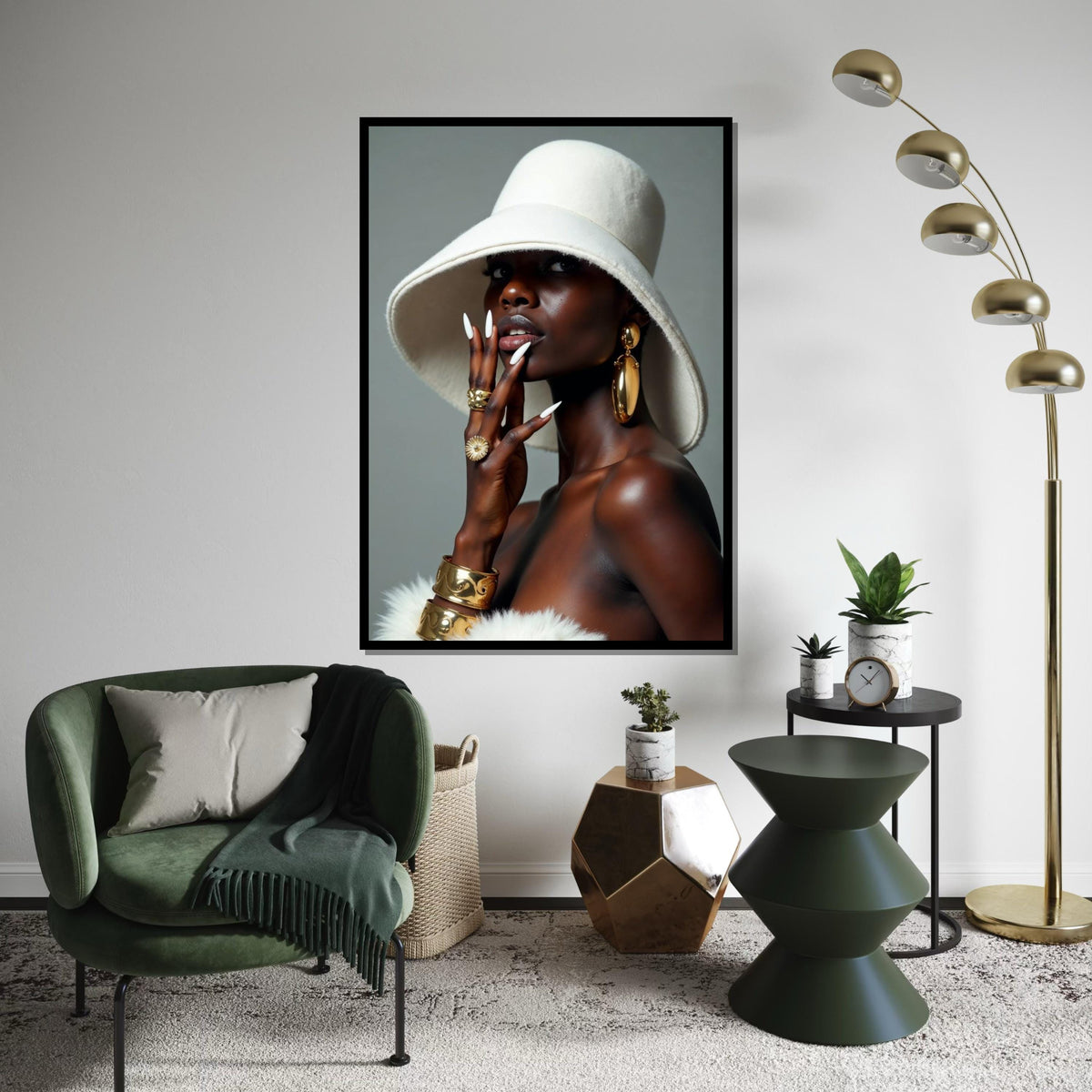 Elegant Fashion Portrait, Gold Accessories, Chic Hat, Glamorous Style Canvas, Wall Art Canvas Design, Ready To Hang Decoration