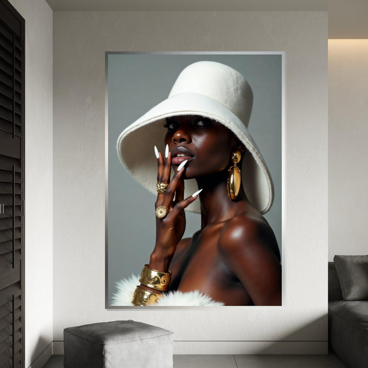 Elegant Fashion Portrait, Gold Accessories, Chic Hat, Glamorous Style Canvas, Wall Art Canvas Design, Ready To Hang Decoration