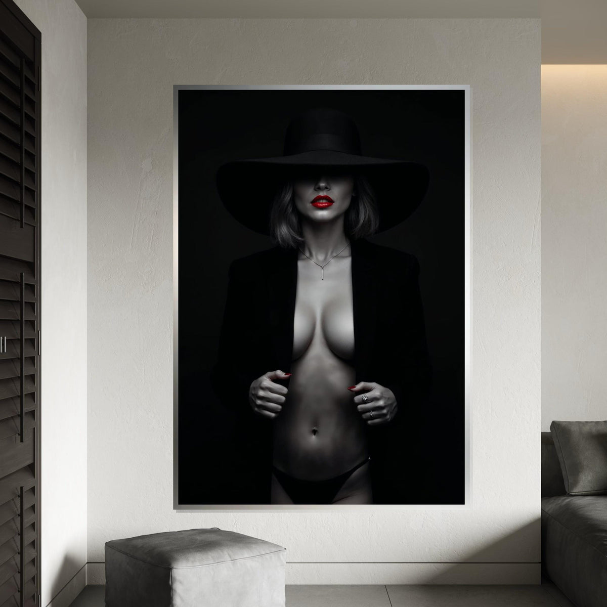 Mysterious Lady Canvas, Black Hat, Red Lips Art, Sensual Wall Art Canvas, Fashion Poster, Wall Art Canvas Design, Ready to Hang Decor