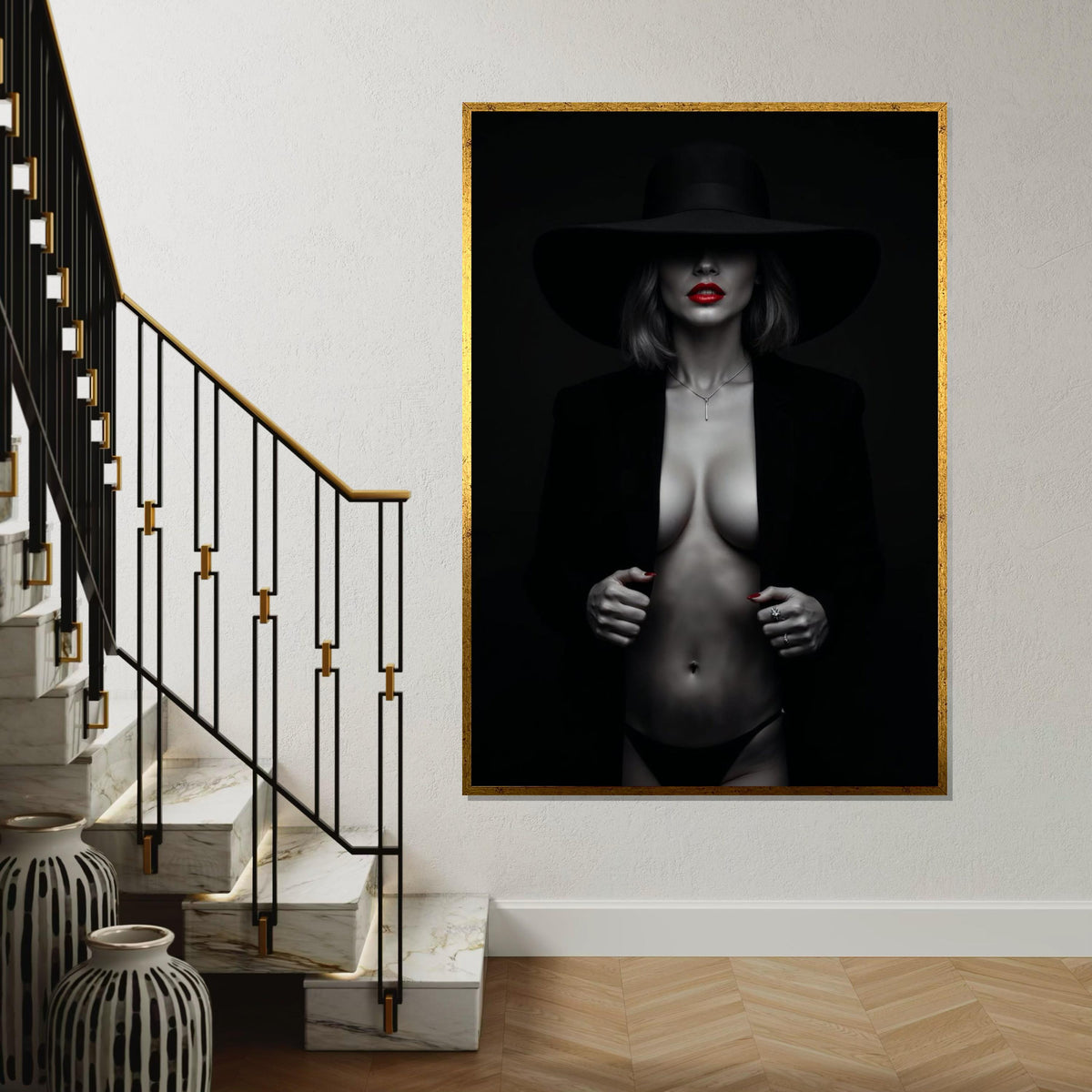 Mysterious Lady Canvas, Black Hat, Red Lips Art, Sensual Wall Art Canvas, Fashion Poster, Wall Art Canvas Design, Ready to Hang Decor