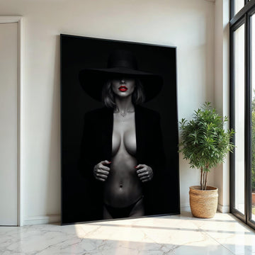 Mysterious Lady Canvas, Black Hat, Red Lips Art, Sensual Wall Art Canvas, Fashion Poster, Wall Art Canvas Design, Ready to Hang Decor