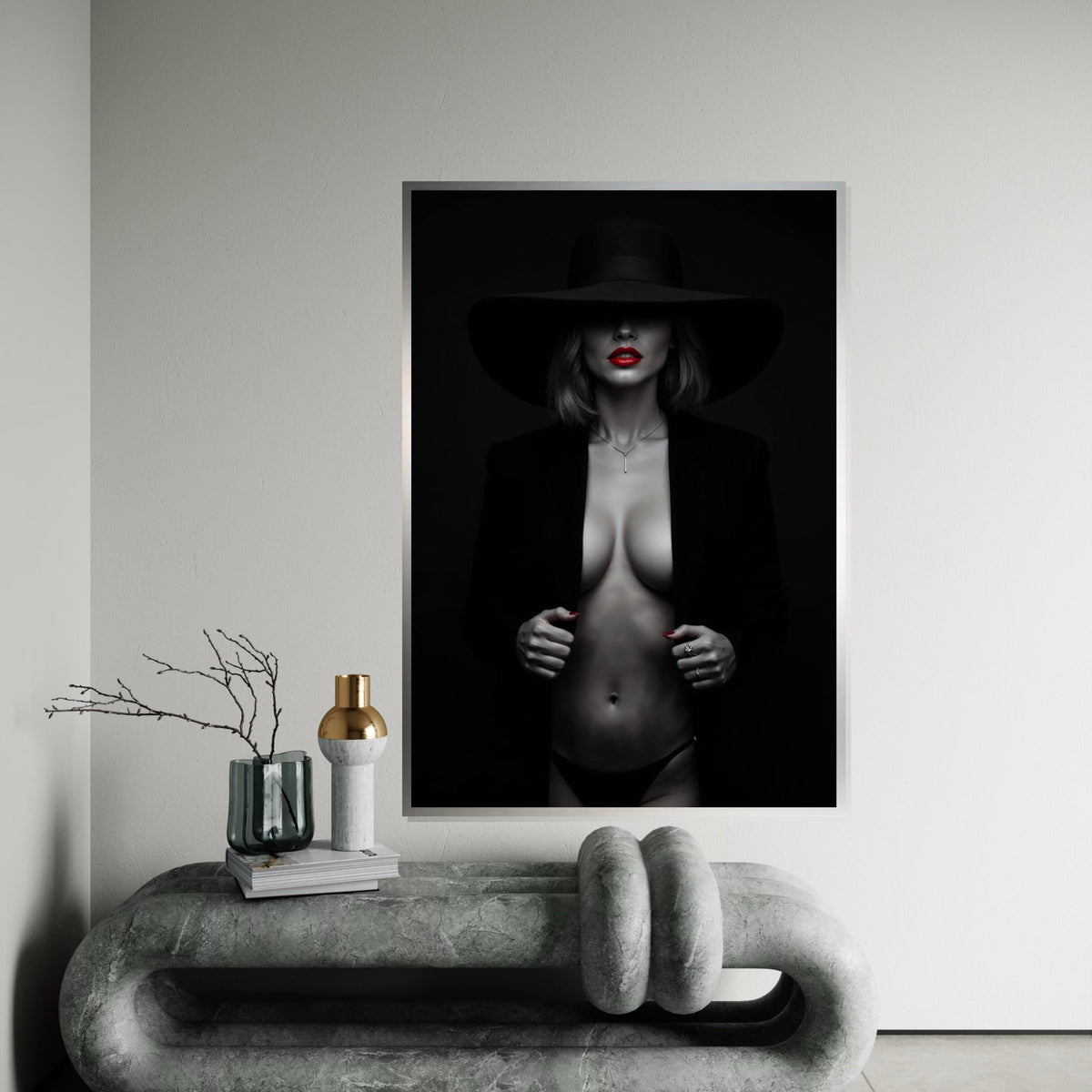 Mysterious Lady Canvas, Black Hat, Red Lips Art, Sensual Wall Art Canvas, Fashion Poster, Wall Art Canvas Design, Ready to Hang Decor