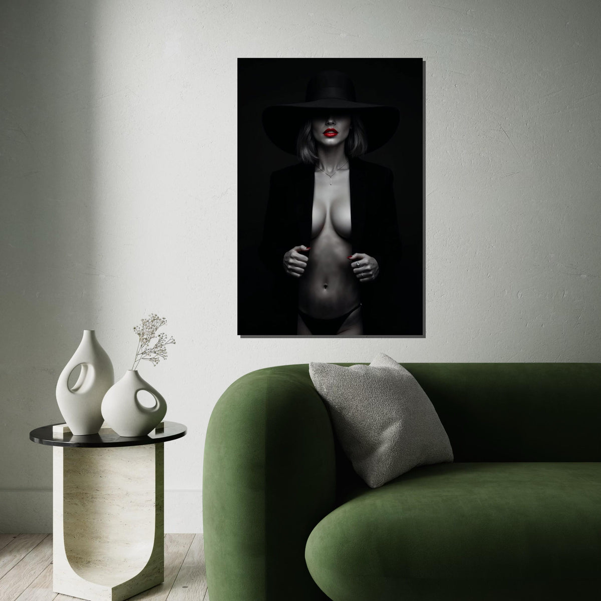 Mysterious Lady Canvas, Black Hat, Red Lips Art, Sensual Wall Art Canvas, Fashion Poster, Wall Art Canvas Design, Ready to Hang Decor