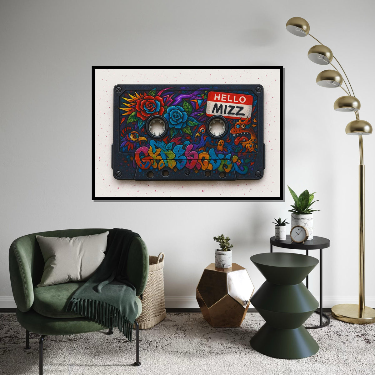 Retro Cassette Graffiti, Colorful Tape Art, Floral Street Art, Wall Art Canvas Design, Ready To Hang Decoration