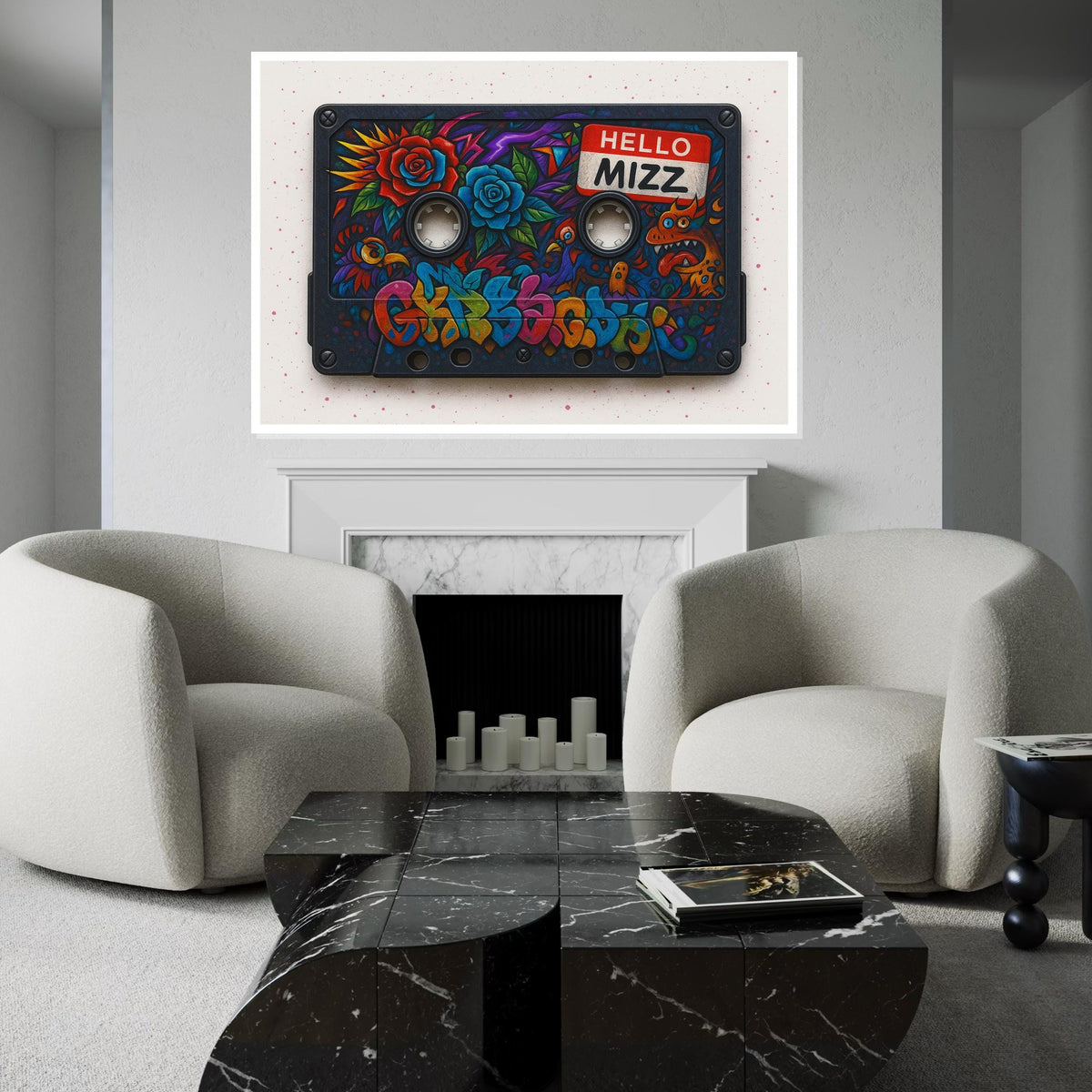 Retro Cassette Graffiti, Colorful Tape Art, Floral Street Art, Wall Art Canvas Design, Ready To Hang Decoration