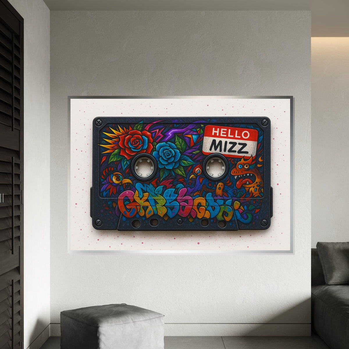 Retro Cassette Graffiti, Colorful Tape Art, Floral Street Art, Wall Art Canvas Design, Ready To Hang Decoration