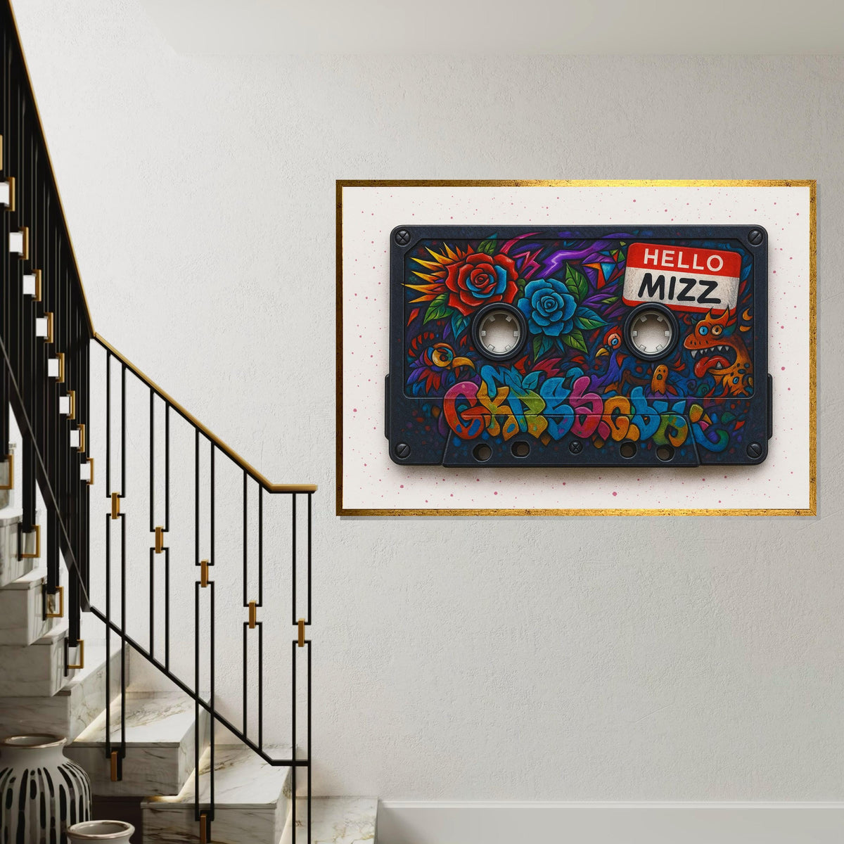 Retro Cassette Graffiti, Colorful Tape Art, Floral Street Art, Wall Art Canvas Design, Ready To Hang Decoration