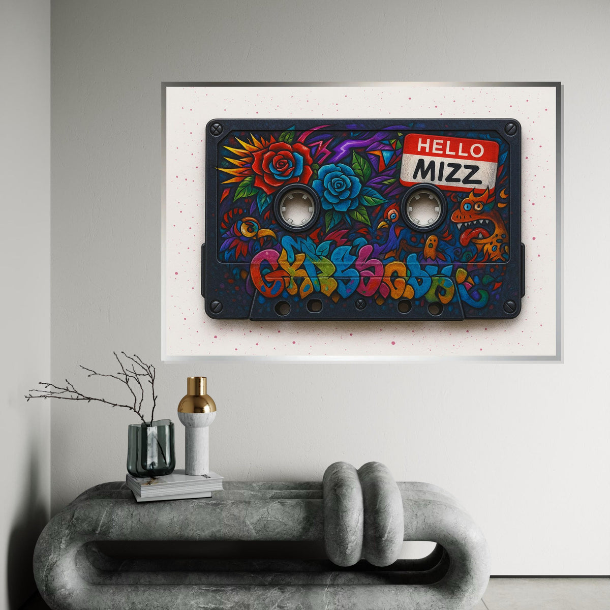 Retro Cassette Graffiti, Colorful Tape Art, Floral Street Art, Wall Art Canvas Design, Ready To Hang Decoration