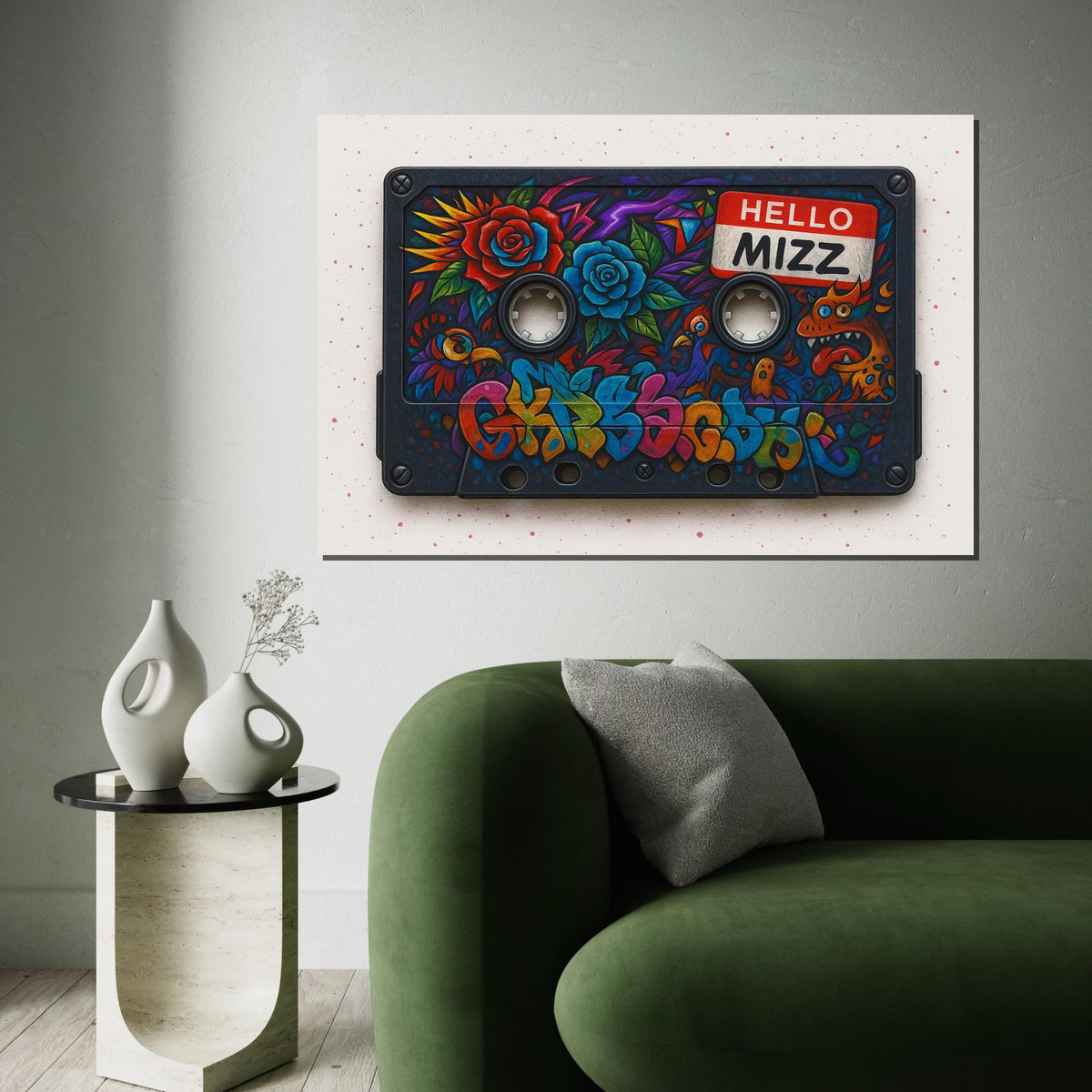 Retro Cassette Graffiti, Colorful Tape Art, Floral Street Art, Wall Art Canvas Design, Ready To Hang Decoration