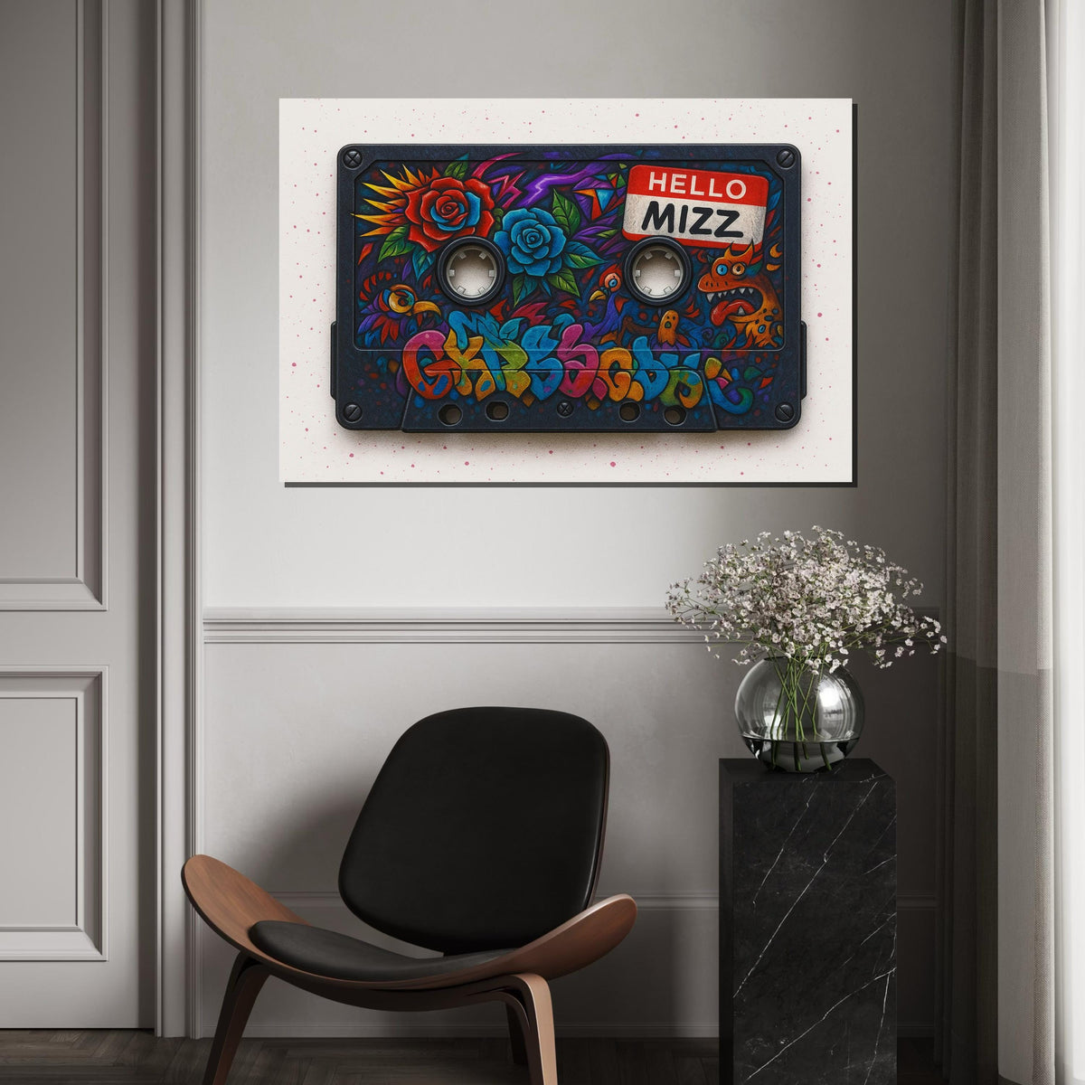 Retro Cassette Graffiti, Colorful Tape Art, Floral Street Art, Wall Art Canvas Design, Ready To Hang Decoration