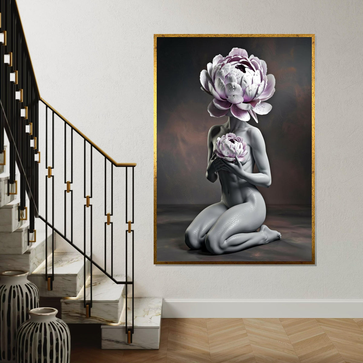 Floral Head Abstract, Human Body Flower Canvas, Surreal Art Print, Wall Art Canvas Design, Ready to Hang Home Decor, Unique Canvas Art