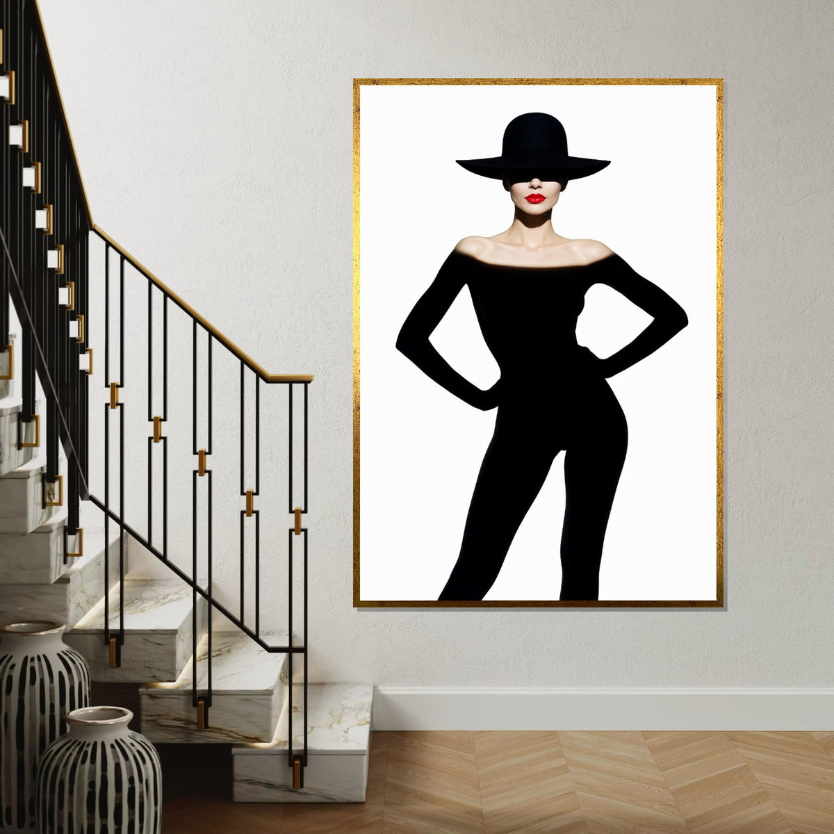 Silhouette Elegance, Fashion Canvas Art, Woman in Black, Red Lip Statement, Wall Art Canvas Design, Ready to Hang Decoration