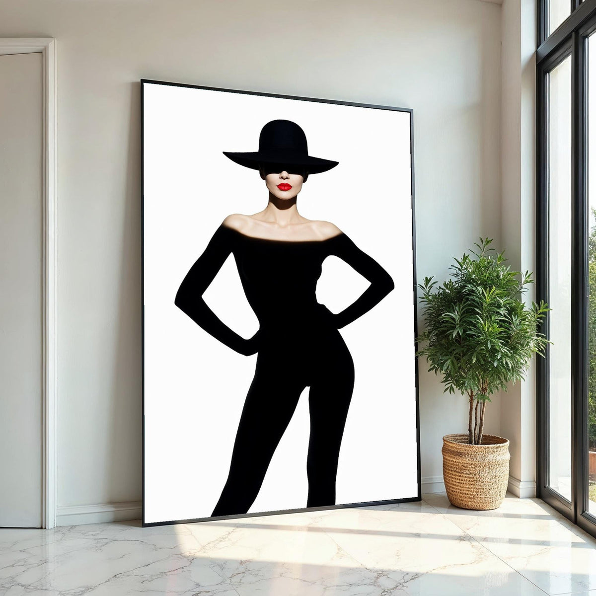 Silhouette Elegance, Fashion Canvas Art, Woman in Black, Red Lip Statement, Wall Art Canvas Design, Ready to Hang Decoration