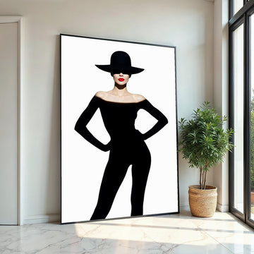 Silhouette Elegance, Fashion Canvas Art, Woman in Black, Red Lip Statement, Wall Art Canvas Design, Ready to Hang Decoration