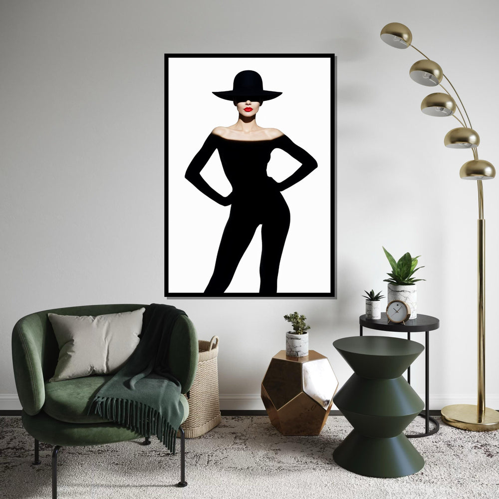 Silhouette Elegance, Fashion Canvas Art, Woman in Black, Red Lip Statement, Wall Art Canvas Design, Ready to Hang Decoration