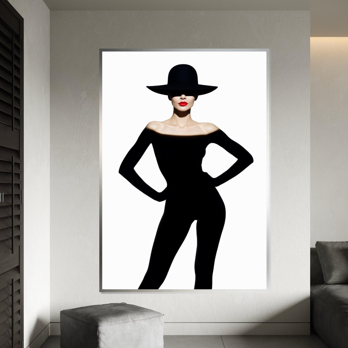Silhouette Elegance, Fashion Canvas Art, Woman in Black, Red Lip Statement, Wall Art Canvas Design, Ready to Hang Decoration