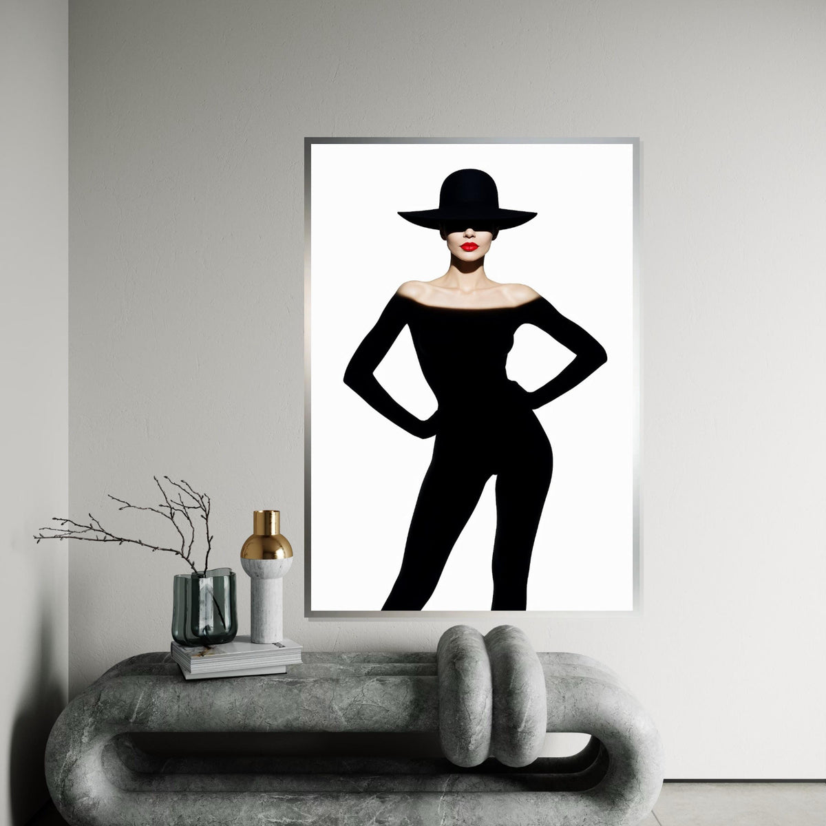 Silhouette Elegance, Fashion Canvas Art, Woman in Black, Red Lip Statement, Wall Art Canvas Design, Ready to Hang Decoration