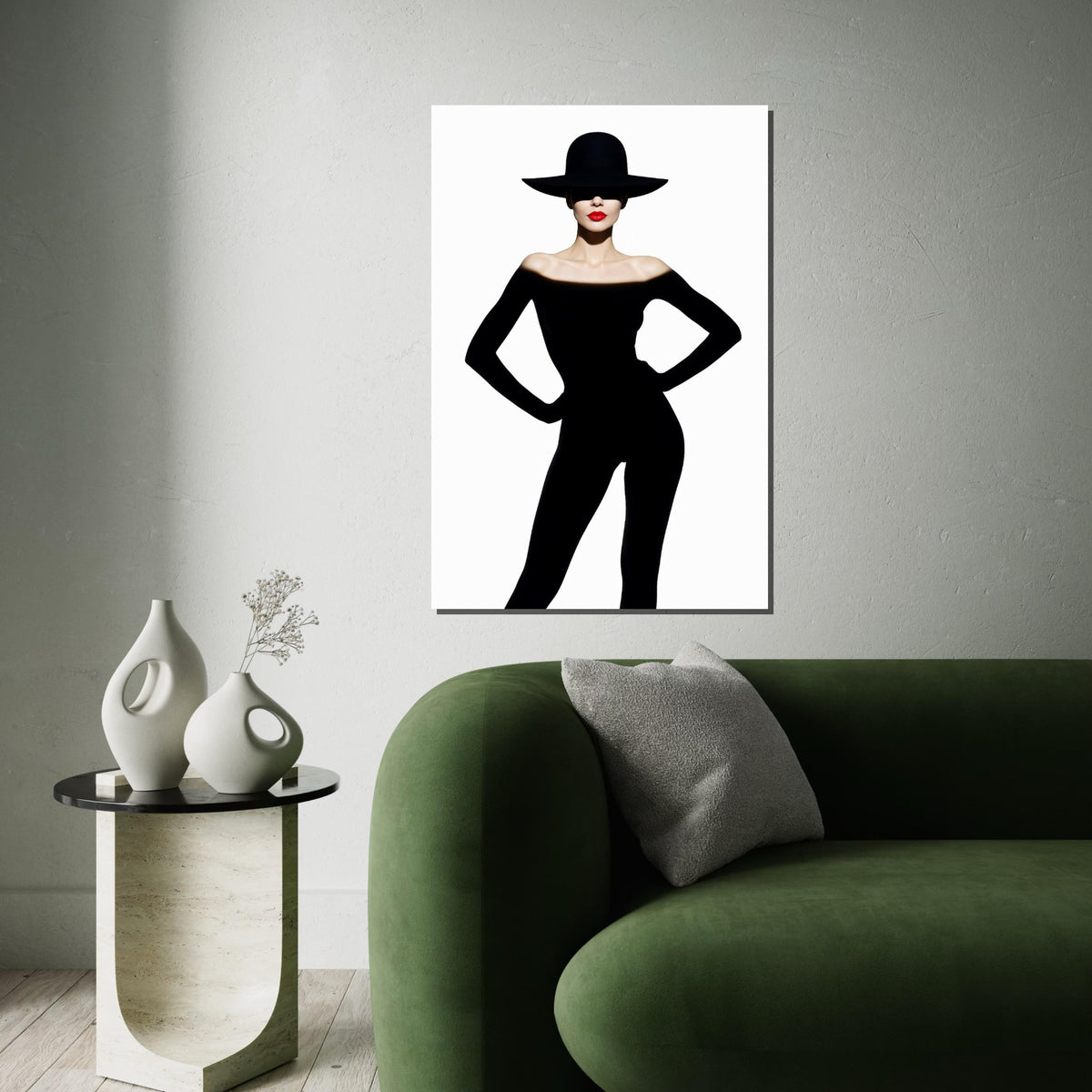 Silhouette Elegance, Fashion Canvas Art, Woman in Black, Red Lip Statement, Wall Art Canvas Design, Ready to Hang Decoration