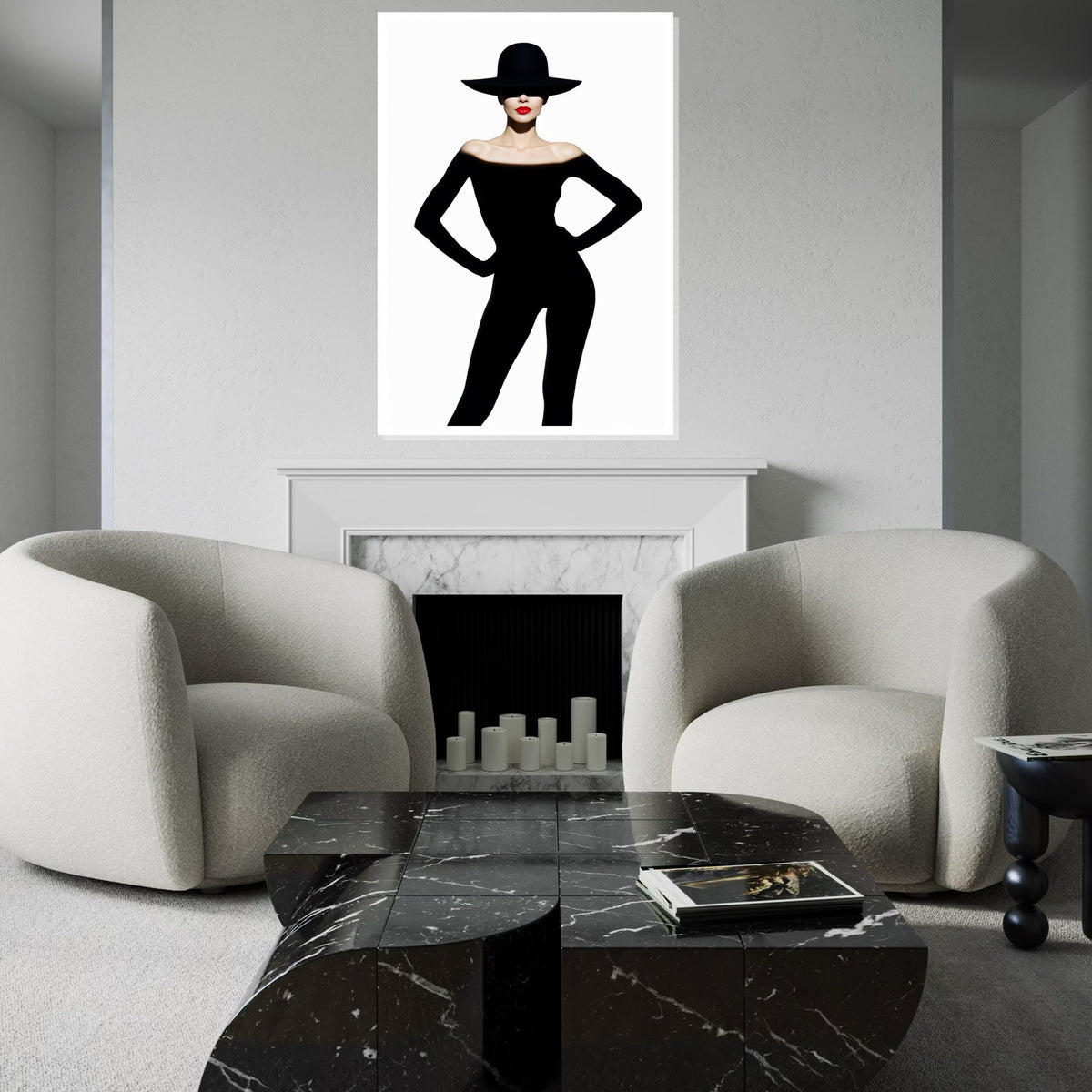 Silhouette Elegance, Fashion Canvas Art, Woman in Black, Red Lip Statement, Wall Art Canvas Design, Ready to Hang Decoration