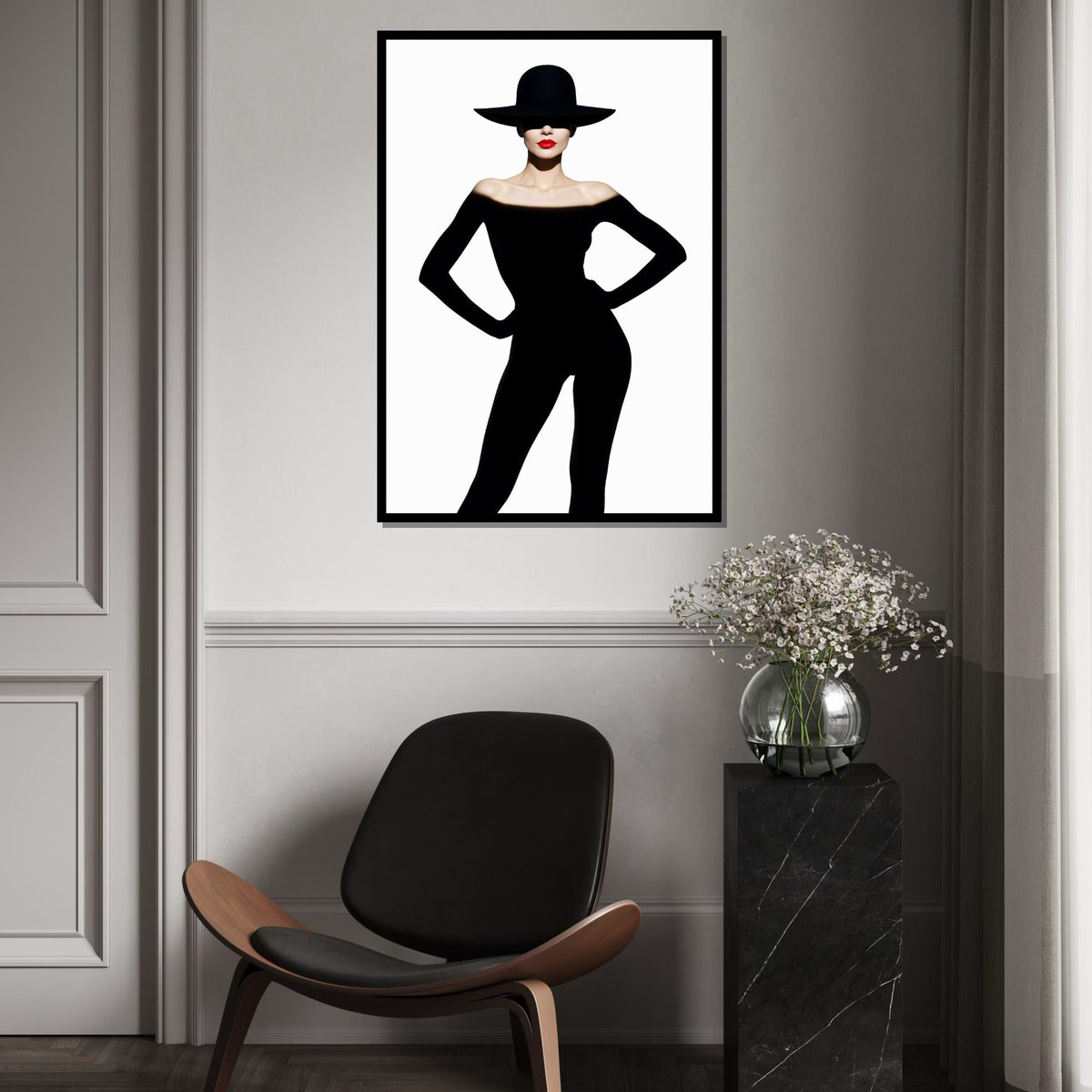 Silhouette Elegance, Fashion Canvas Art, Woman in Black, Red Lip Statement, Wall Art Canvas Design, Ready to Hang Decoration