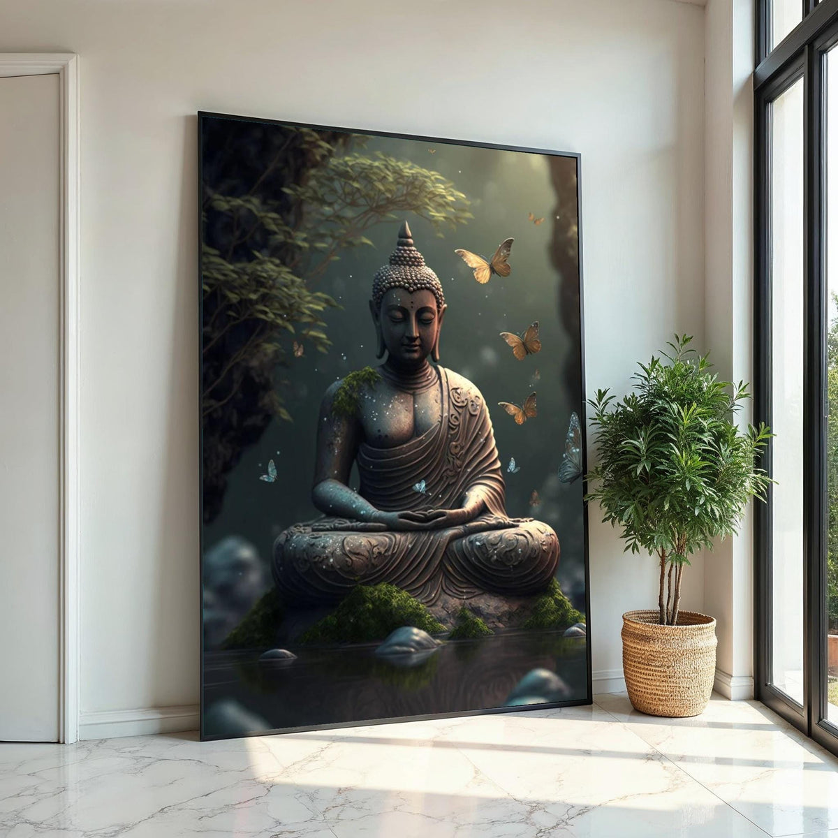Tranquil Buddha Canvas, Serene Buddha Wall Art, Meditation Zen Decor, Butterfly Spirit, Wall Art Canvas Design, Ready To Hang Decoration