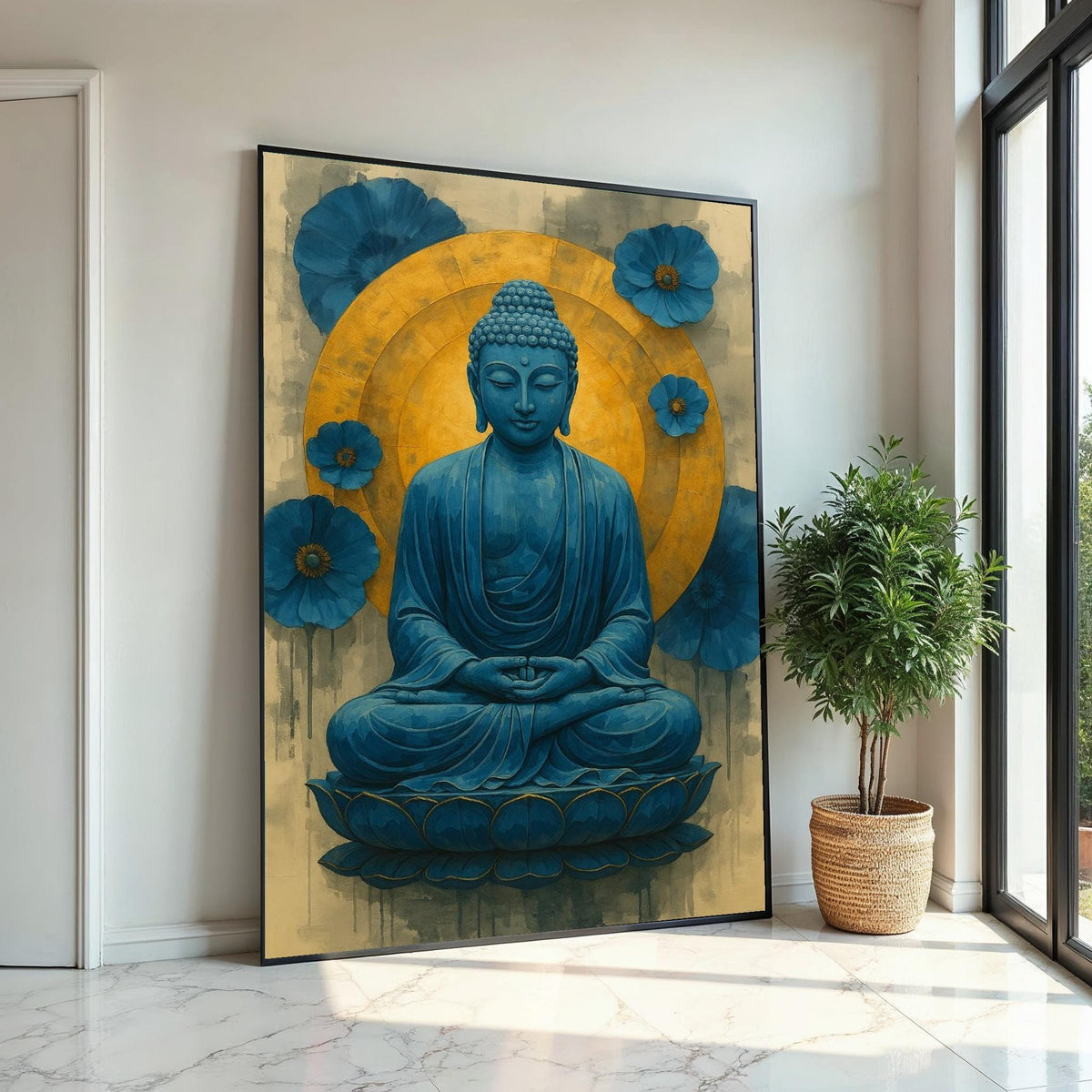 Blue Buddha Canvas, Buddha Meditation Wall Art, Spiritual Decor, Lotus Art Canvas Design, Blue and Gold, Ready to Hang Decoration