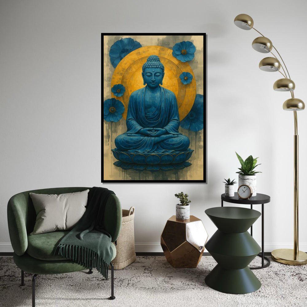 Blue Buddha Canvas, Buddha Meditation Wall Art, Spiritual Decor, Lotus Art Canvas Design, Blue and Gold, Ready to Hang Decoration