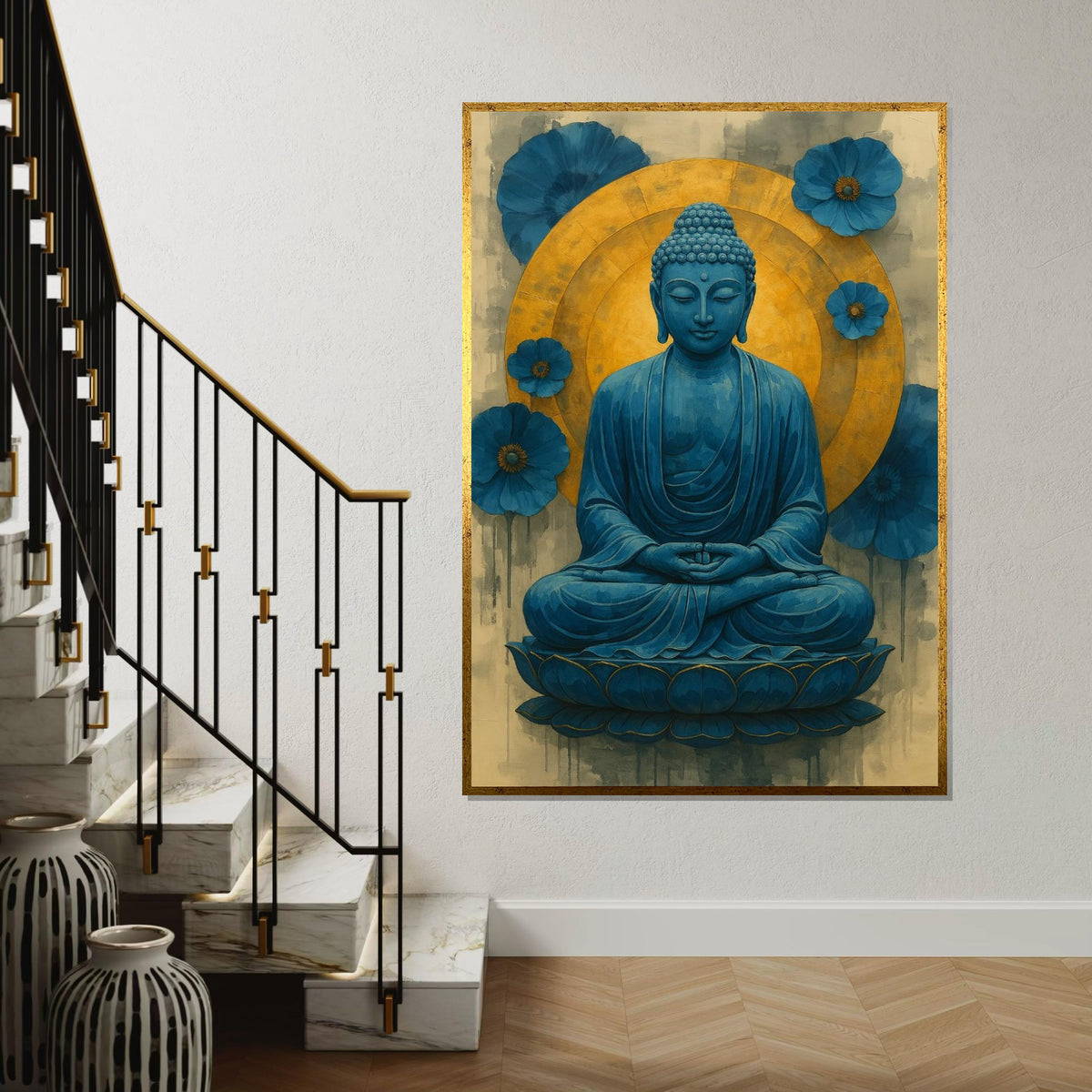 Blue Buddha Canvas, Buddha Meditation Wall Art, Spiritual Decor, Lotus Art Canvas Design, Blue and Gold, Ready to Hang Decoration