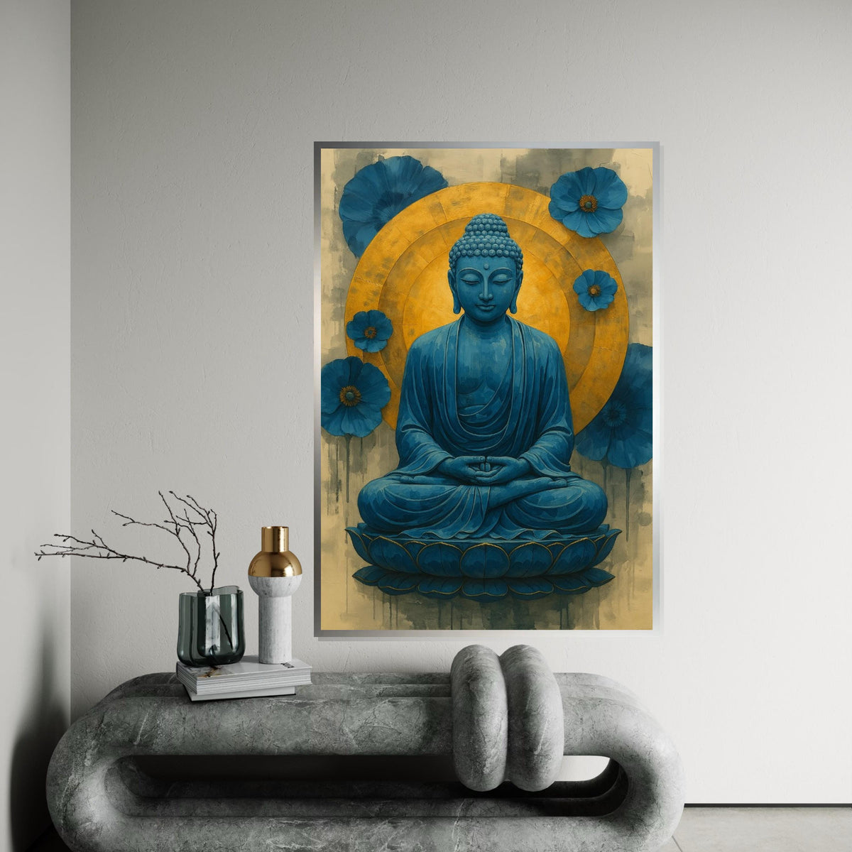 Blue Buddha Canvas, Buddha Meditation Wall Art, Spiritual Decor, Lotus Art Canvas Design, Blue and Gold, Ready to Hang Decoration