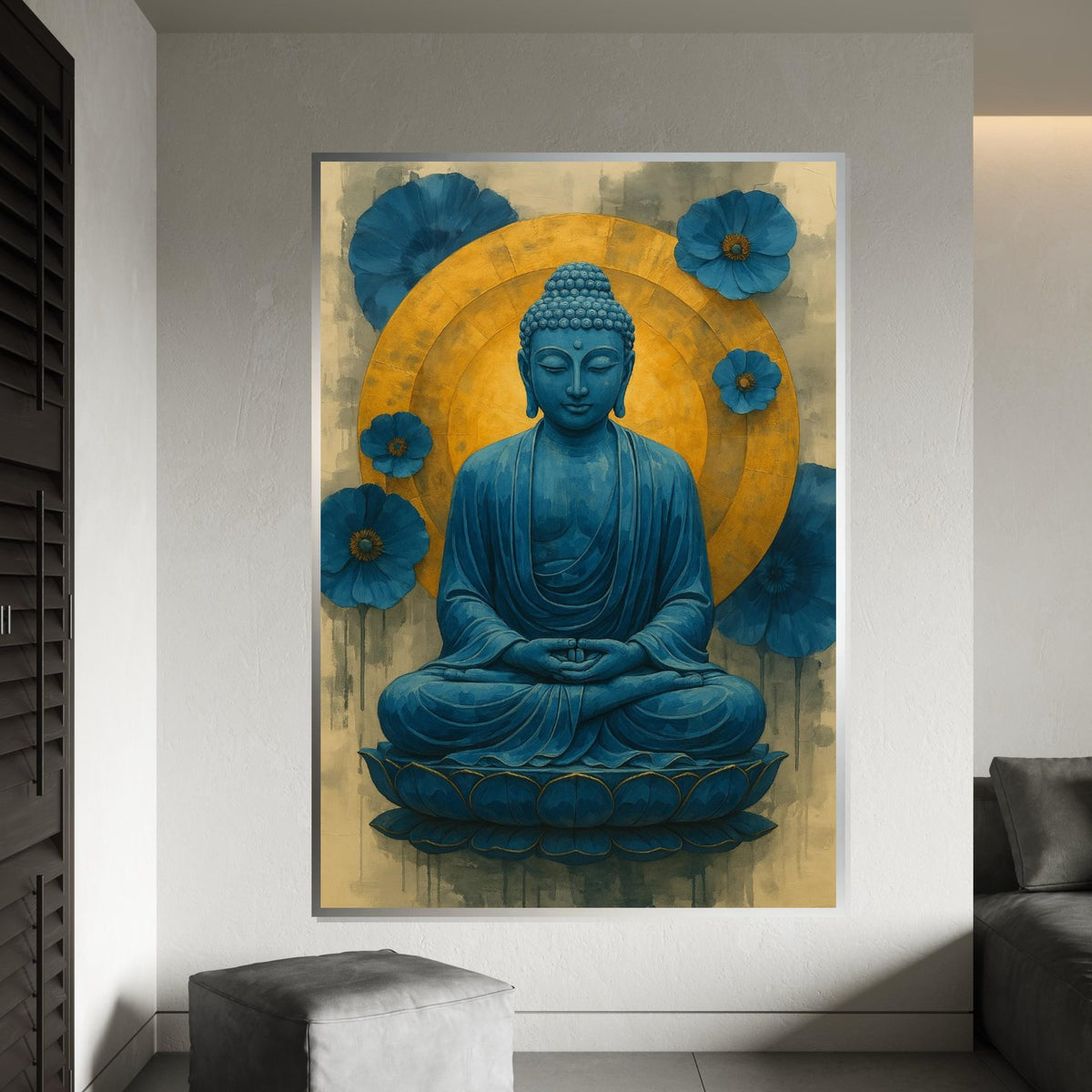 Blue Buddha Canvas, Buddha Meditation Wall Art, Spiritual Decor, Lotus Art Canvas Design, Blue and Gold, Ready to Hang Decoration