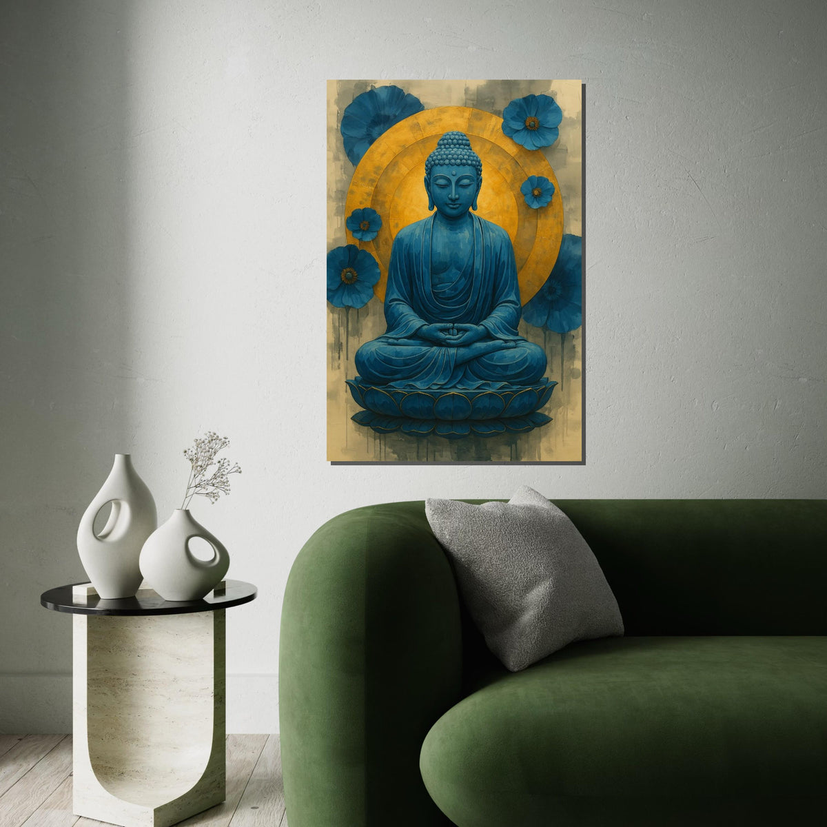 Blue Buddha Canvas, Buddha Meditation Wall Art, Spiritual Decor, Lotus Art Canvas Design, Blue and Gold, Ready to Hang Decoration