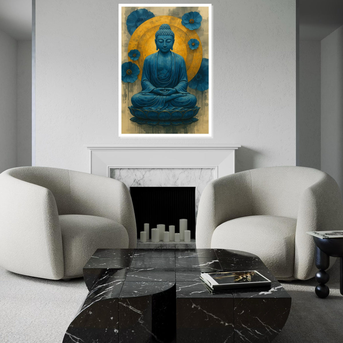 Blue Buddha Canvas, Buddha Meditation Wall Art, Spiritual Decor, Lotus Art Canvas Design, Blue and Gold, Ready to Hang Decoration