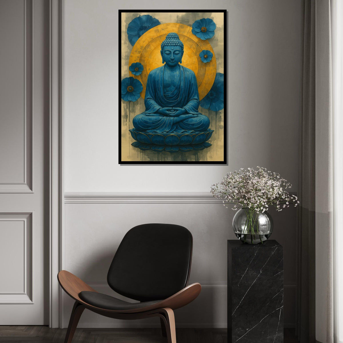 Blue Buddha Canvas, Buddha Meditation Wall Art, Spiritual Decor, Lotus Art Canvas Design, Blue and Gold, Ready to Hang Decoration