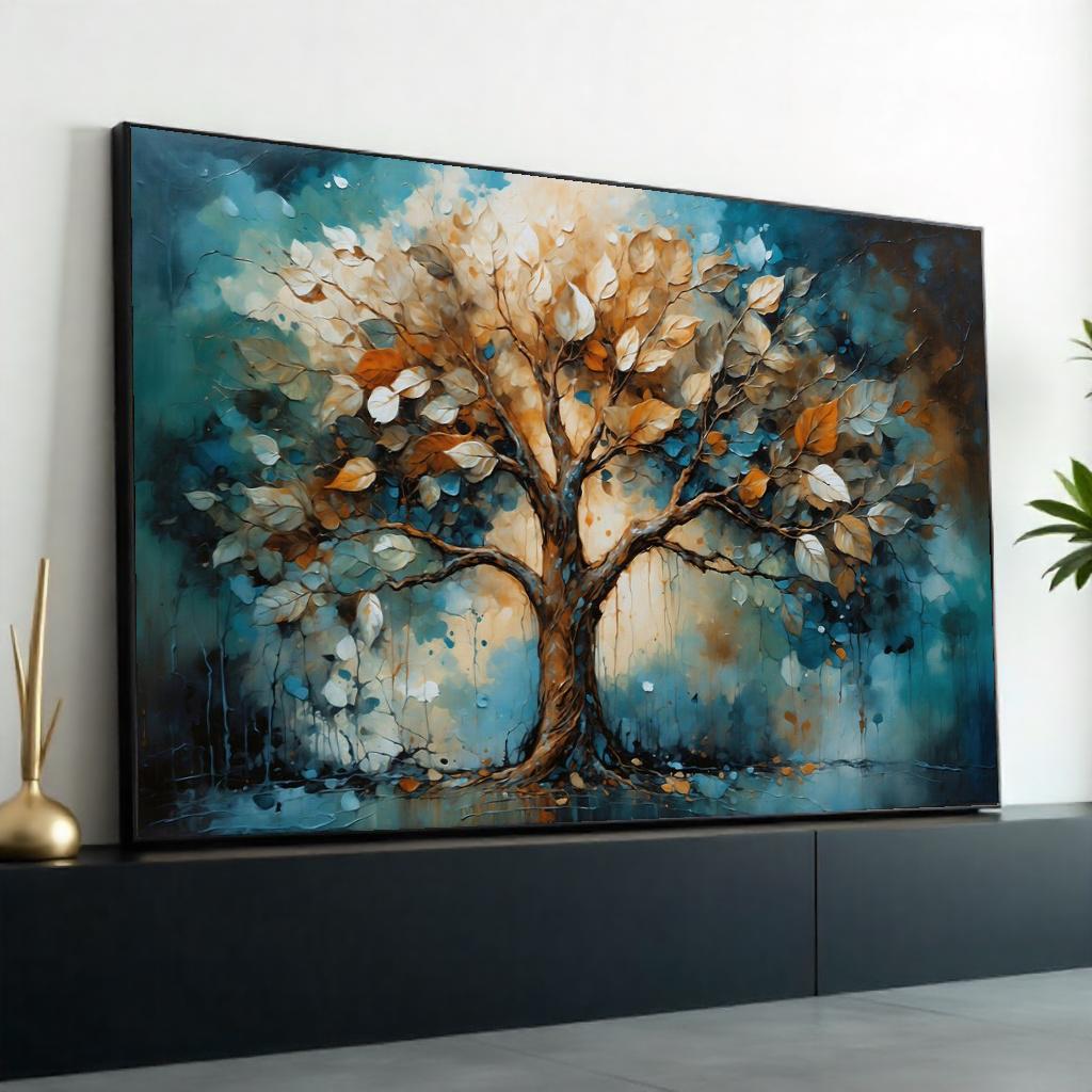 Abstract Canvas Art, Blue Orange Tree Wall Print, Nature Wall Art, Tree Canvas Design, Ready to Hang Decoration