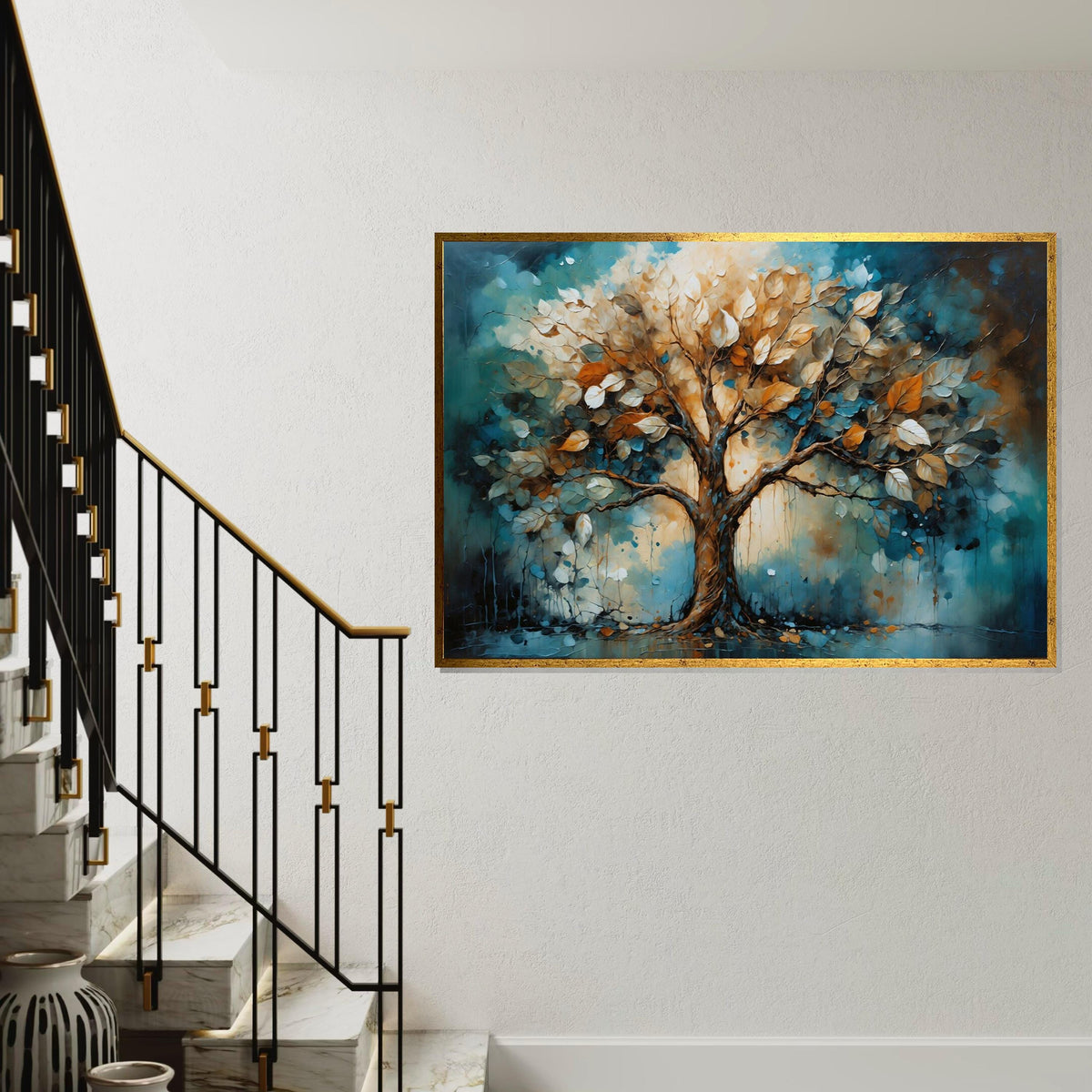 Abstract Canvas Art, Blue Orange Tree Wall Print, Nature Wall Art, Tree Canvas Design, Ready to Hang Decoration
