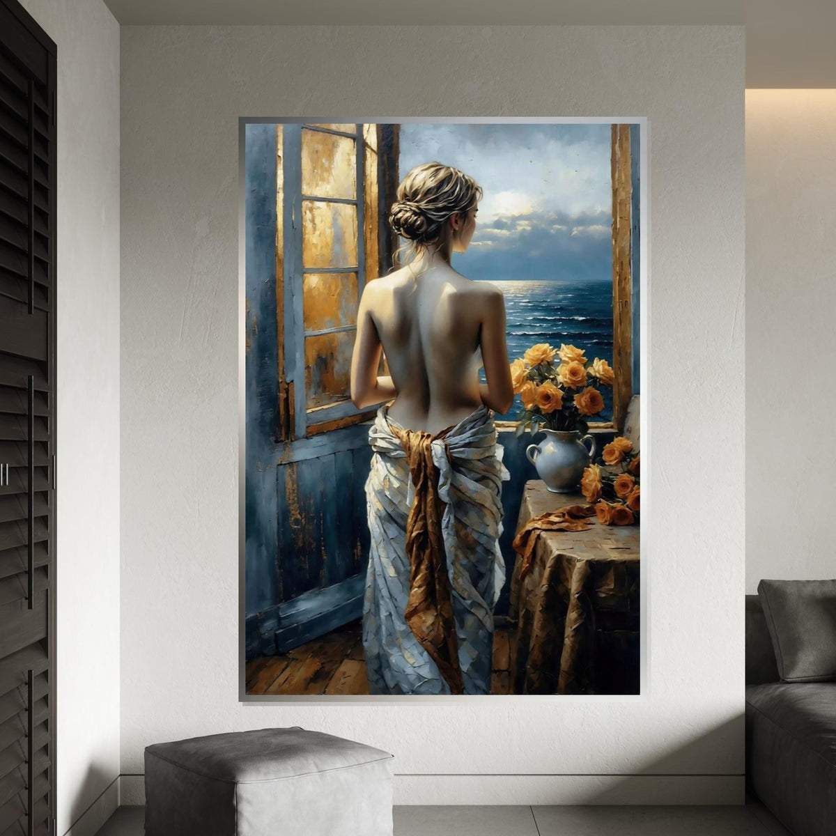 Lady at the Window Canvas, Romantic Ocean View Art, Floral Decor, Wall Art Canvas Design, Ready to Hang Decoration