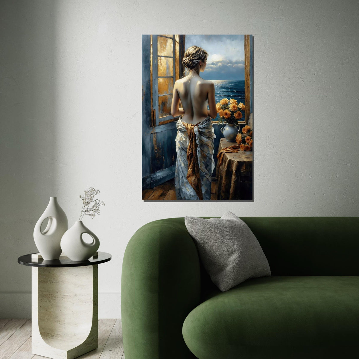 Lady at the Window Canvas, Romantic Ocean View Art, Floral Decor, Wall Art Canvas Design, Ready to Hang Decoration