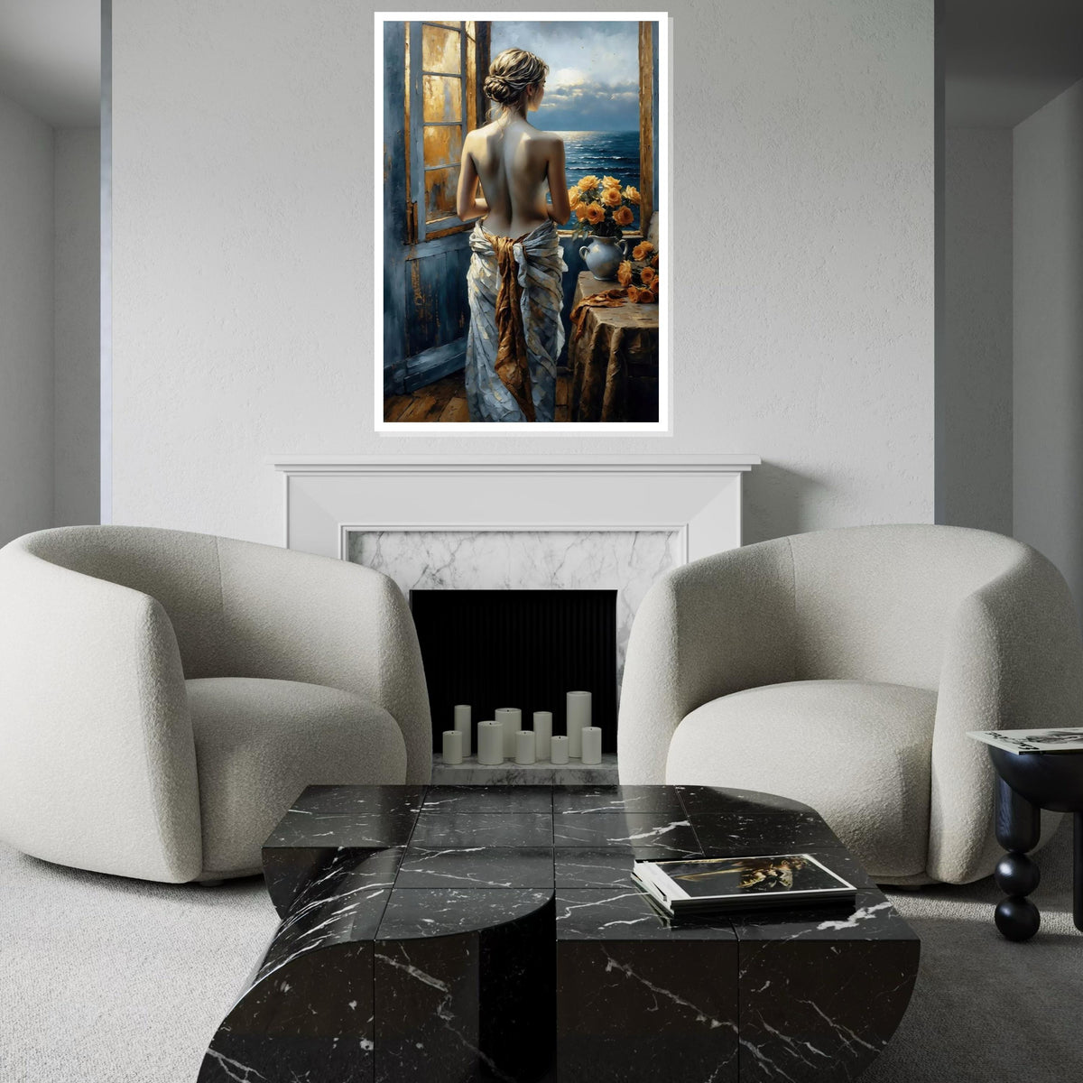 Lady at the Window Canvas, Romantic Ocean View Art, Floral Decor, Wall Art Canvas Design, Ready to Hang Decoration