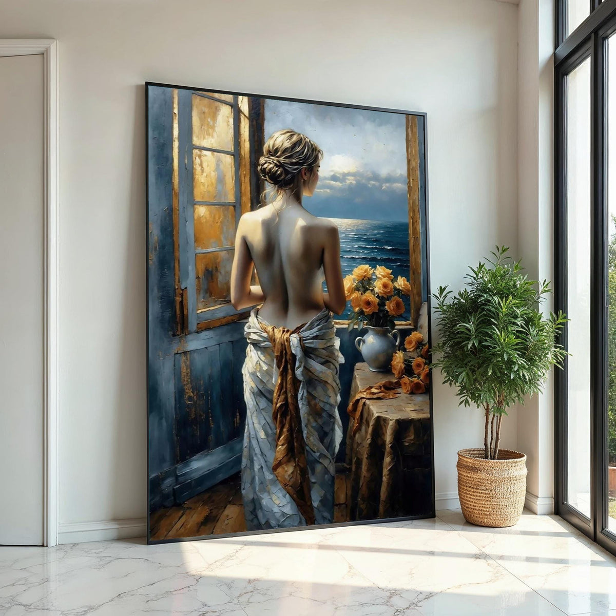 Lady at the Window Canvas, Romantic Ocean View Art, Floral Decor, Wall Art Canvas Design, Ready to Hang Decoration